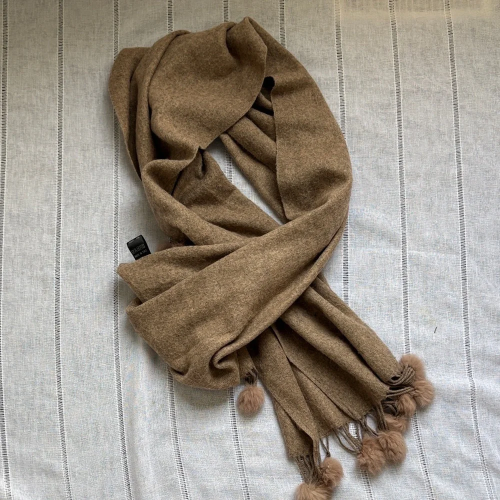 Wool Blend Brown Scarf Wrap with Pom Pom Trim